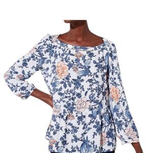 LOFT Floral Neck Details Blouse in white Sheer Floral Print L Navy and Peach